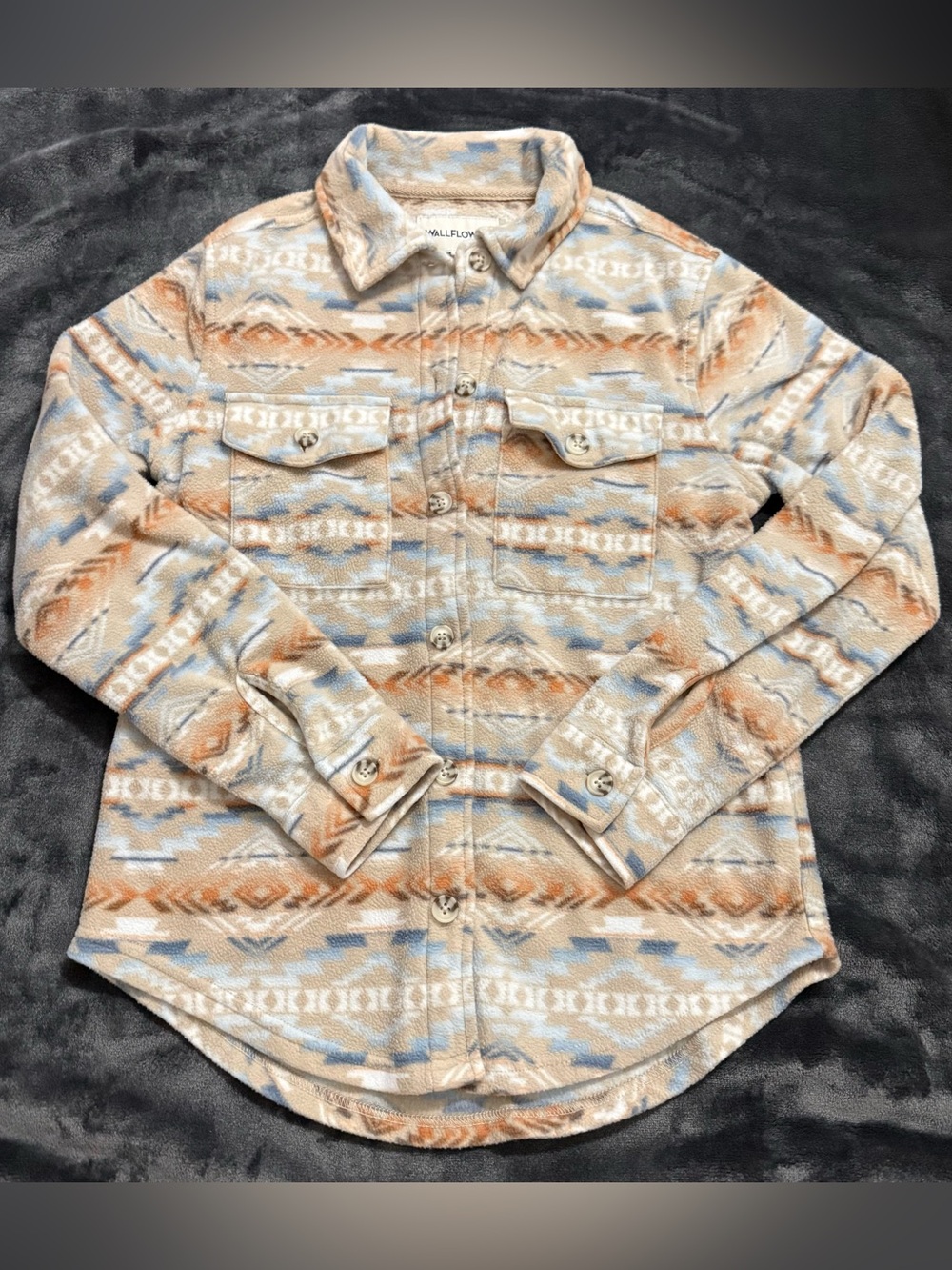 Wallflower Beige Aztec-Pattern Button-Down Shirt with Blue and Tan Accents